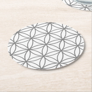 Grey and White Graphic Lotus Flower Design Round Paper Coaster
