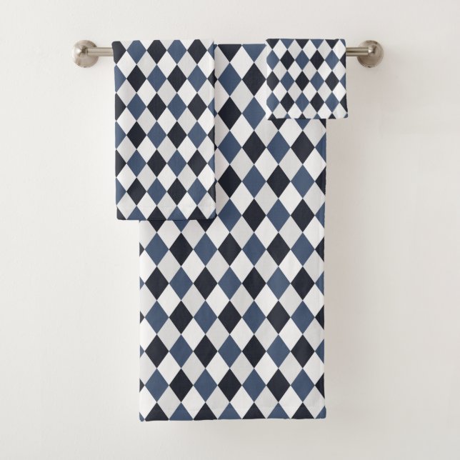 Grey and White Harlequin Diamond Pattern  Bath Towel Set (Insitu)