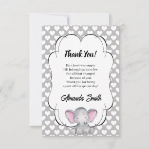 Grey and White Hearts Elephant Baby Shower Thank Y You Card