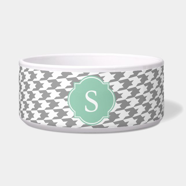 Grey and White Houndstooth Monogram Large Dog Bowl (Front)