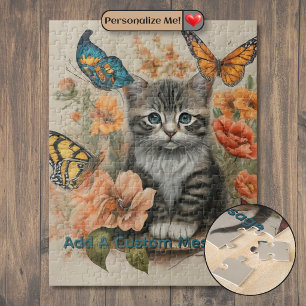 Grey and White Kitten, Pastel Flowers, Butterflies Jigsaw Puzzle