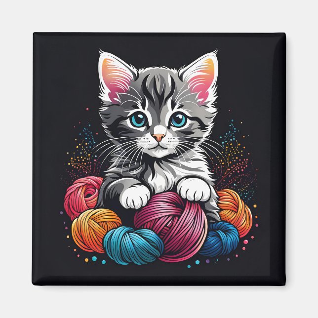 Grey and White Kitten with Yarn Magnet (Front)
