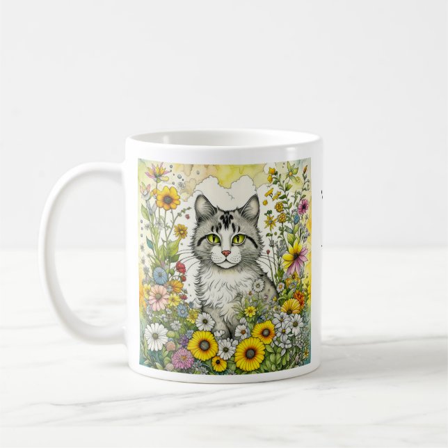 Grey and White Kitty Cat Sitting in Flowers Coffee Mug (Left)