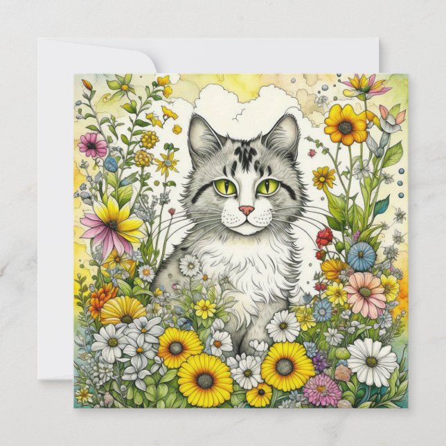 Grey and White Kitty Cat Sitting in Flowers Hello (Front)