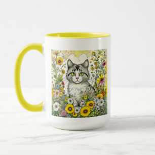 Grey and White Kitty Cat Sitting in Flowers Mug