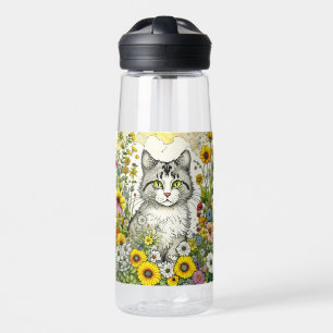 Grey and White Kitty Cat Sitting in Flowers Water Bottle