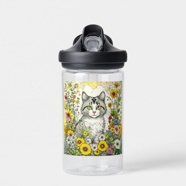 Grey and White Kitty Cat Sitting in Flowers Water Bottle (Front)