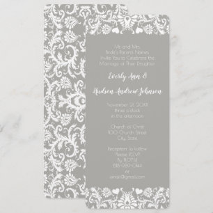 Grey and White Lace Floral Damask Wedding Invitation