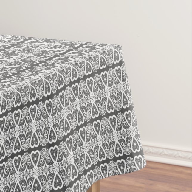 Grey and white lace pattern tablecloth (In Situ)