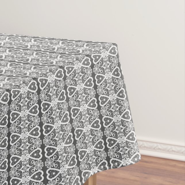 Grey and white lace pattern tablecloth (In Situ)