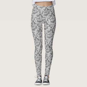 Grey and White Leaf Print Leggings