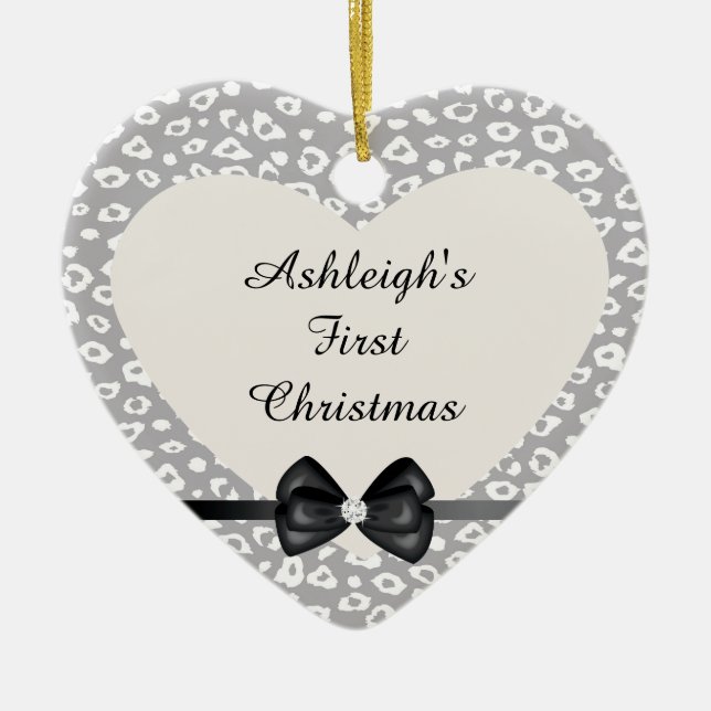 Grey and White Leopard Print with Bow Ceramic Ornament (Front)