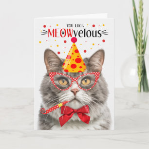 Grey and White Marble Cat MEOWvelous Birthday Card