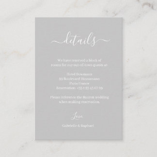 Grey and White Minimalist Wedding Hotel Detail Enclosure Card