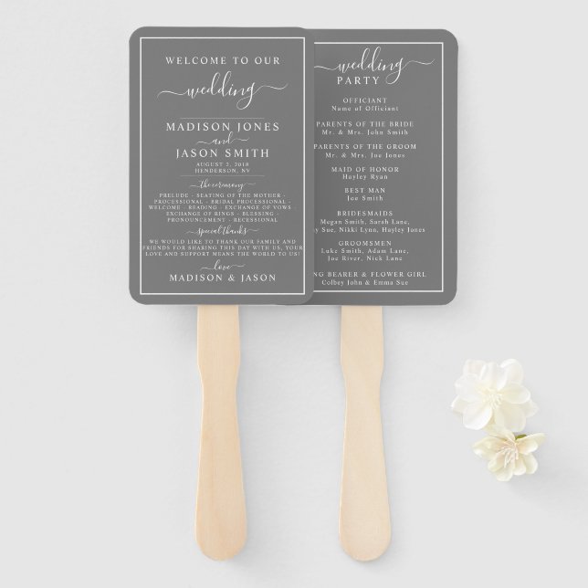 Grey and White Minimalist Wedding Program Hand Fan (Front and Back)
