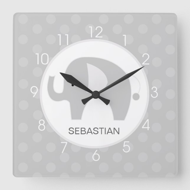 Grey and White Mod Elephant Wall Clock (Front)