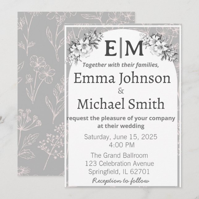 Grey and White Modern Elegance Floral Line Art Invitation (Front/Back)