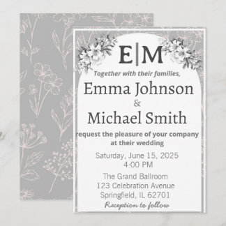 Grey and White Modern Elegance Floral Line Art Invitation