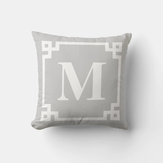 Grey and White Modern Greek Key Border Monogram Throw Pillow (Front)