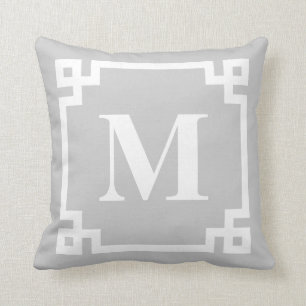 Grey and White Modern Greek Key Border Monogram Throw Pillow