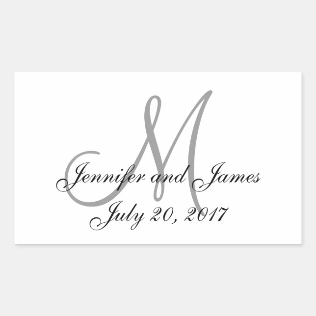 Grey and White Monogram Rectangle Wedding Labels (Front)