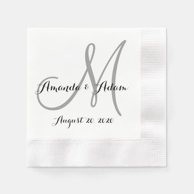 Grey and White Monogram Wedding Paper Napkin (Front)