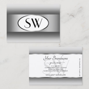 Grey and White Ombre Initials Silver Oval Frame Business Card