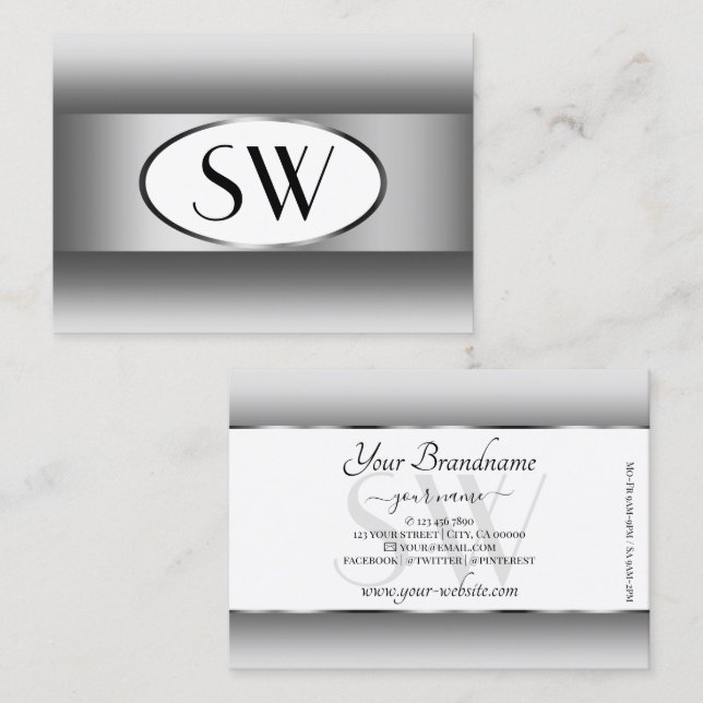 Grey and White Ombre Initials Silver Oval Frame Business Card (Front/Back)