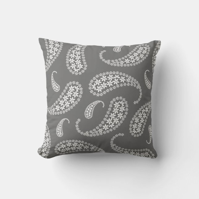 Grey and white paisley throw pillow (Front)
