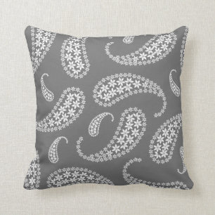 Grey and white paisley throw pillow