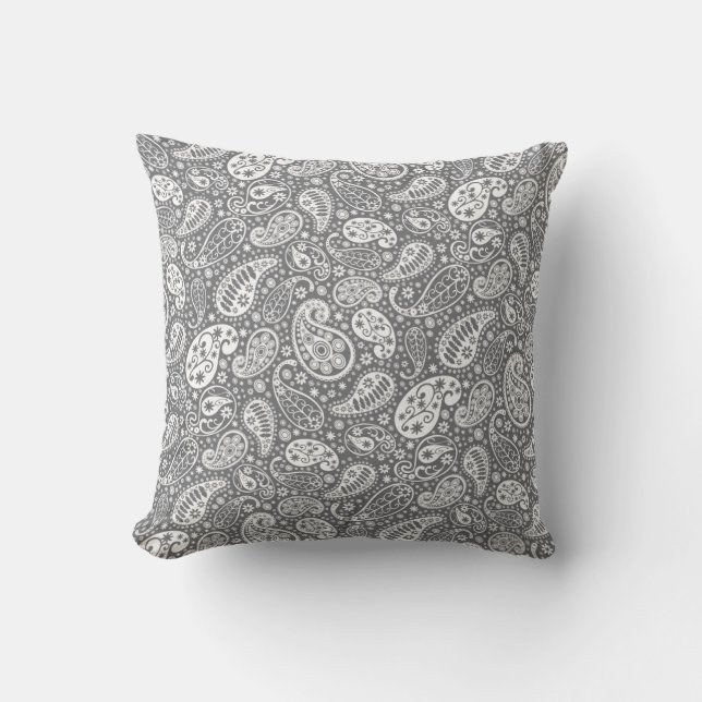 Grey and White Paisley Throw Pillow (Front)