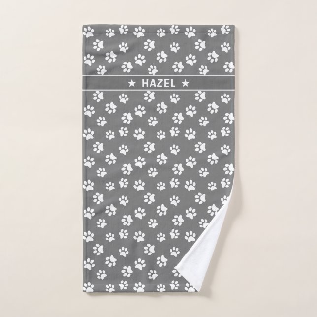    Grey And White Paw Print Personalized Dog Towel (Hand Towel)