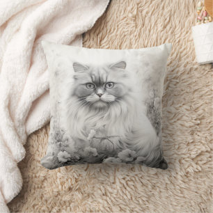 Grey and White Persian Cat Floral Throw Pillow