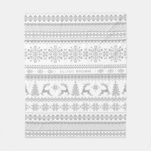 Grey And White Personalized Name Christmas Sweater Fleece Blanket