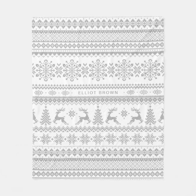 Grey And White Personalized Name Christmas Sweater Fleece Blanket (Front)