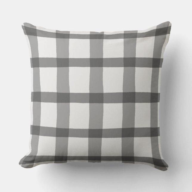 Grey and White Plaid Outdoor Pillow (Front)