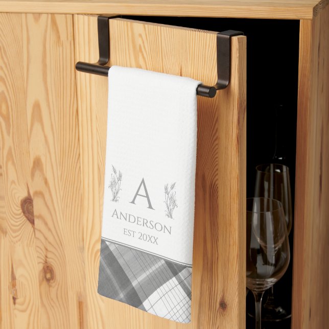 Grey and White Plaid Personalized Name Monogram Kitchen Towel (Thirds Fold)