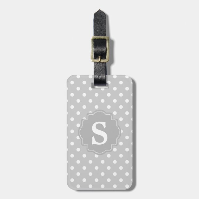 Grey and White Polka Dot Monogram Luggage Tag (Front Vertical)
