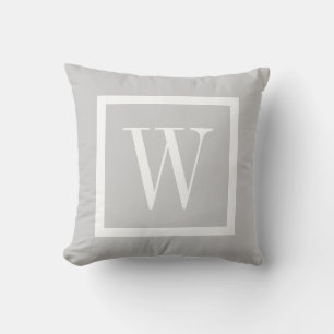 Grey and White Preppy Square Monogram Throw Pillow