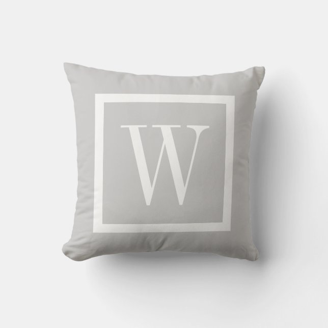 Grey and White Preppy Square Monogram Throw Pillow (Front)
