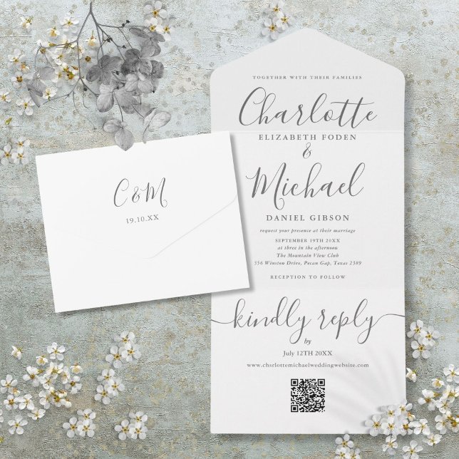 Grey And White QR Code Script Minimalist Wedding All In One Invitation (Gray And White QR Code Script Minimalist Wedding All In One Invitation)