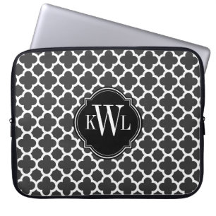 Grey and White Quatrefoil Pattern Monogram Laptop Sleeve