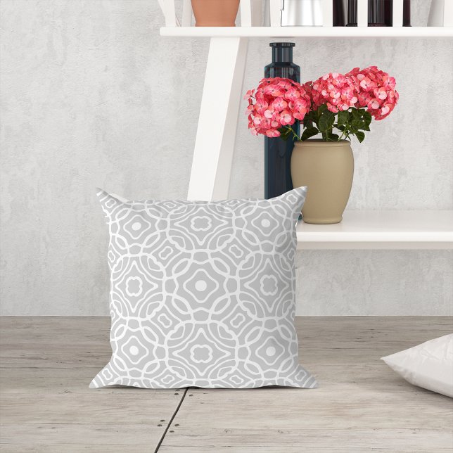 Grey and White Quatrefoil Pattern Throw Pillow (Creator Uploaded)