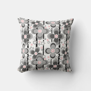 Grey and white retro floral pattern throw pillow