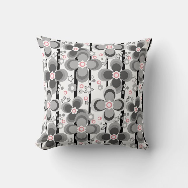 Grey and white retro floral pattern throw pillow (Front)