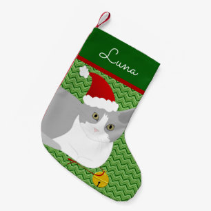 Grey And White Santa Cat Personalized Small Christmas Stocking