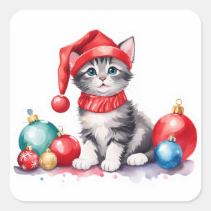 Grey and White Santa Kitten with Balls Square Sticker
