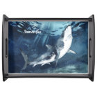 Grey and White Shark in the Watercolor Blue Ocean