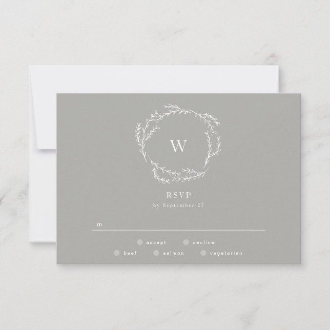 Grey and White Simple Wreath Wedding RSVP Card (Front)