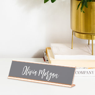 Grey and White Sketched Cursive Script Desk Name Plate